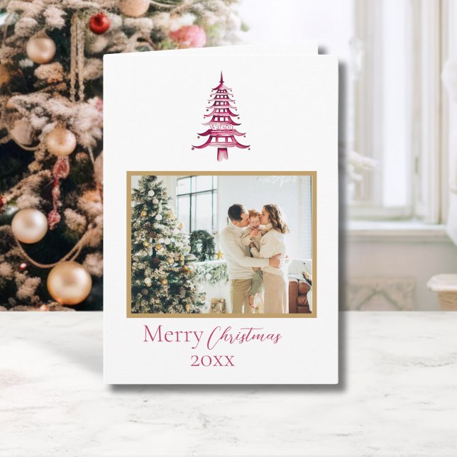 Chinoiserie Weihnachten Rote Pagode 1 Foto Karte (Chinoiserie Christmas Red Pagoda 1-Photo Card)