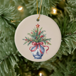 Chinoiserie-Weihnachtsbaum Roter Schleifen-Vase Vi Keramik Ornament