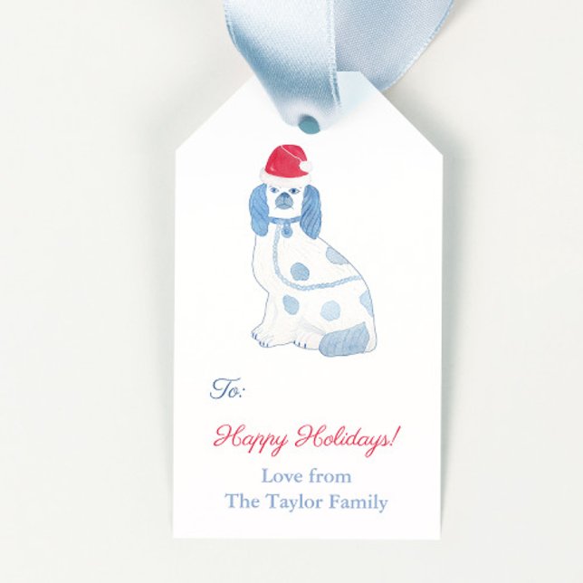 Chinoiserie Weihnachtsmannmütze Holidays Geschenkanhänger (Blue and white pottery dog with red and white santa hat merry christmas gift tags)
