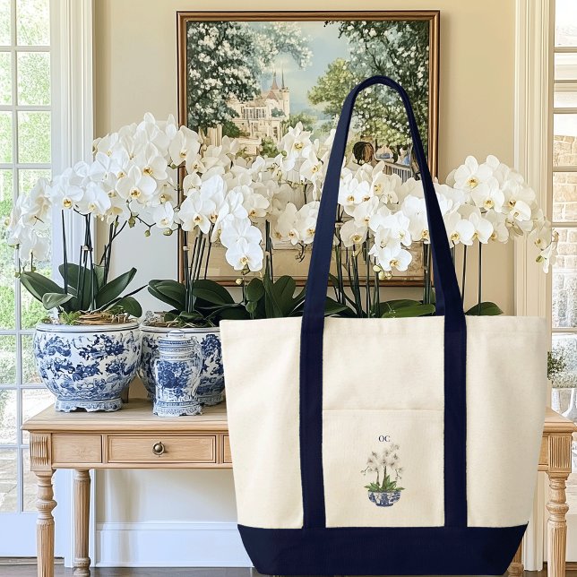 Chinoiserie Weißer Orchid Kontrast Trimmboot Tragetasche (White orchid chinoiserie contrast trim boat tote bag with custom initials or name)