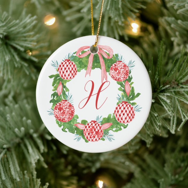 Chinoiserie Wreath Christmas Monogram Keramik Ornament (Baum)