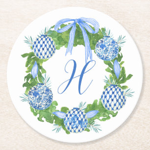 Chinoiserie Wreath Christmas Monogram Runder Pappuntersetzer