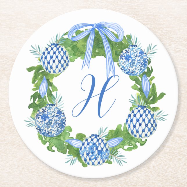 Chinoiserie Wreath Christmas Monogram Runder Pappuntersetzer (Vorderseite)