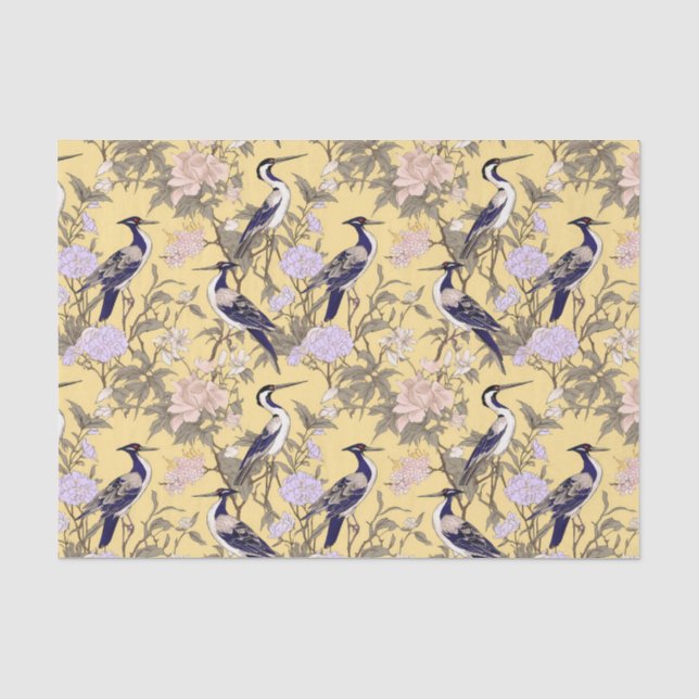 Chinoiserie Yellow Floral Egret Seidenpapier (Vorderseite)