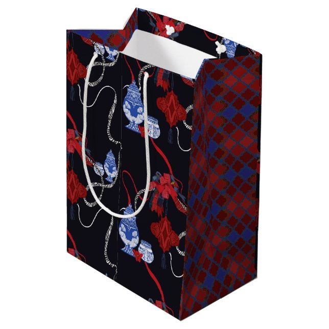 Chinoiserie Zebra & Ribbon Mittlere Geschenktüte (Rückseite Schrägansicht)