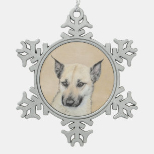 Chinook (Ohrspitze) Malerei - Original Hundkunst Schneeflocken Zinn-Ornament