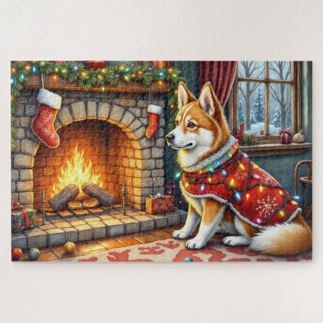 Chinook Sitting by Fireplace with Christmas Lights (Horizontal)