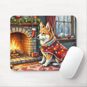Chinook sitzt neben dem Kamin mit Weihnachtsbeleuc Mousepad