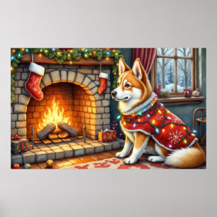 Chinook sitzt neben dem Kamin mit Weihnachtslichte Poster