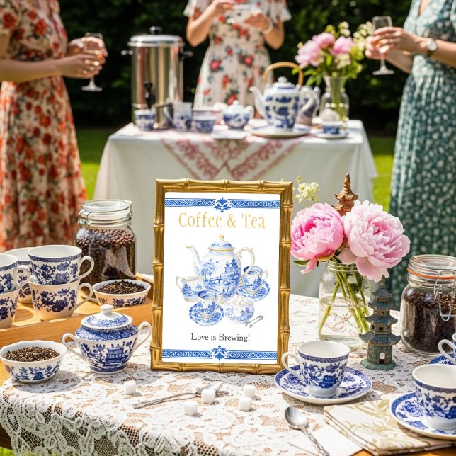 Chinosierie blue Coffee & Tea Love is Brewing Sign Einladung (Chinosierie Coffee and Tea Love is Brewing Sign)