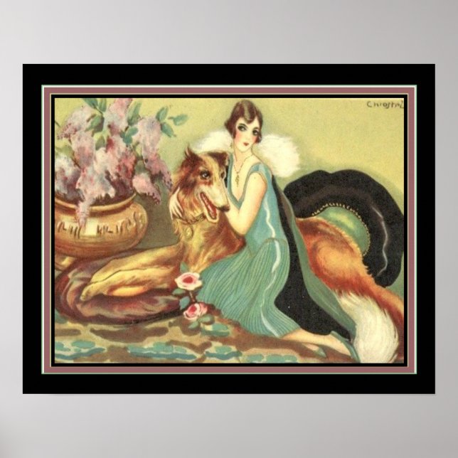 Chiostri Déco des années 1920 "Girl & Her Dog" Imp (Devant)