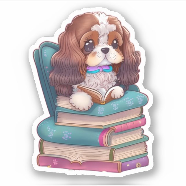 Chiot espagnol lisant un autocollant de livre (Devant)