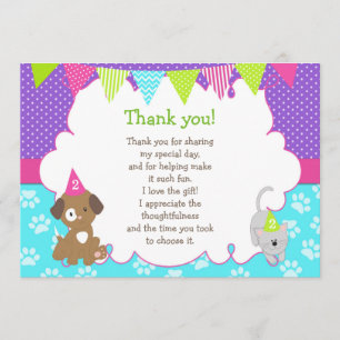 Chiot et chaton Carte de remerciements vert pourpr