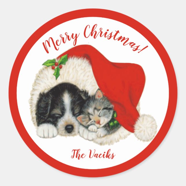 Chiot et chaton Joyeux Stickers ronds de Noël (Devant)