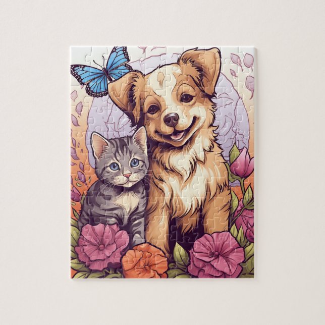 Chiot et chaton, Puzzle de papillon et de jeu de f (Vertical)