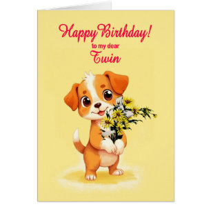Chiot et fleurs jumeaux d'anniversaire
