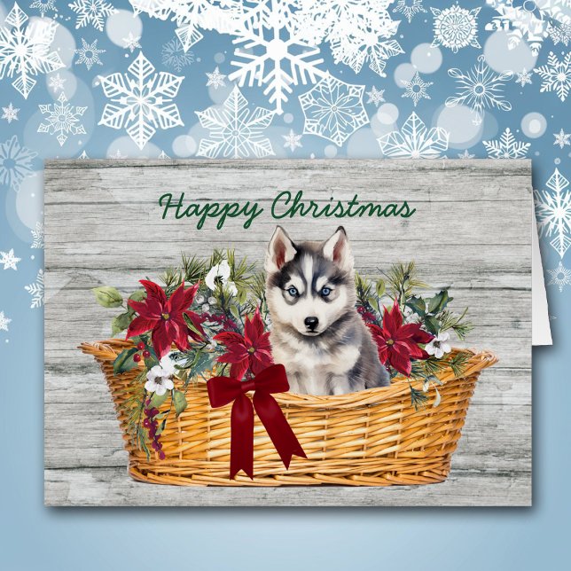 Chiot sibérien Husky en panier Carte de Noël (Créateur téléchargé)