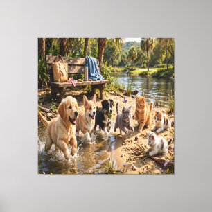 Chiots et chatons mignons sur toile tendue au bord