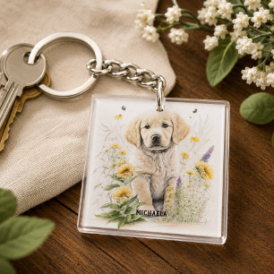 Chiots Golden Retriever personnalisés et fleurs