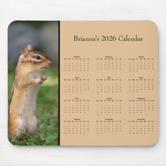 Chipmunk - Customizable full year 2026 calendar Mousepad (Vorne)
