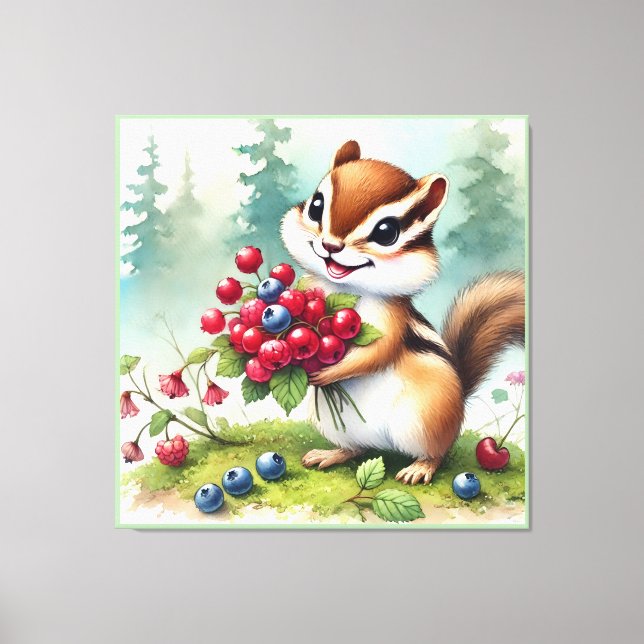 Chipmunk hält Beeren Leinwanddruck (Vorderseite)