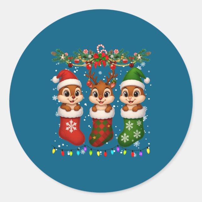 Chipmunk In Christmas Socks Lights Chipmunk Xmas L Runder Aufkleber (Vorderseite)