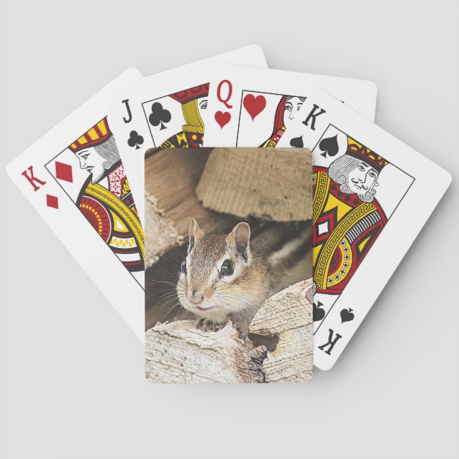 Chipmunk in einem Holzstapel Spielkarten (Rückseite)