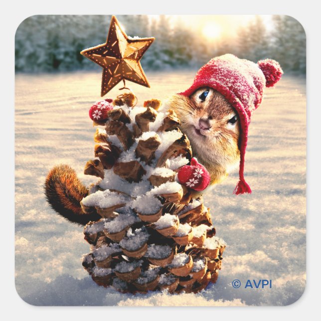 Chipmunk mit Kiefernklotz Quadratischer Aufkleber (Vorderseite)