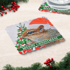 Chipmunk mit Weihnachtshut vor Baum Untersetzer