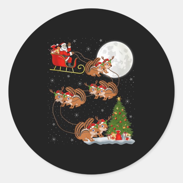 Chipmunk Santa Sleigh Flying Funny Magical Christm Runder Aufkleber (Vorderseite)