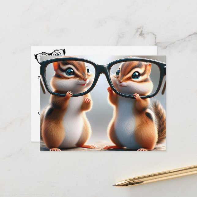 Chipmunks mit Brillenaugenärztin Postkarte (Vorderseite/Rückseite Beispiel)