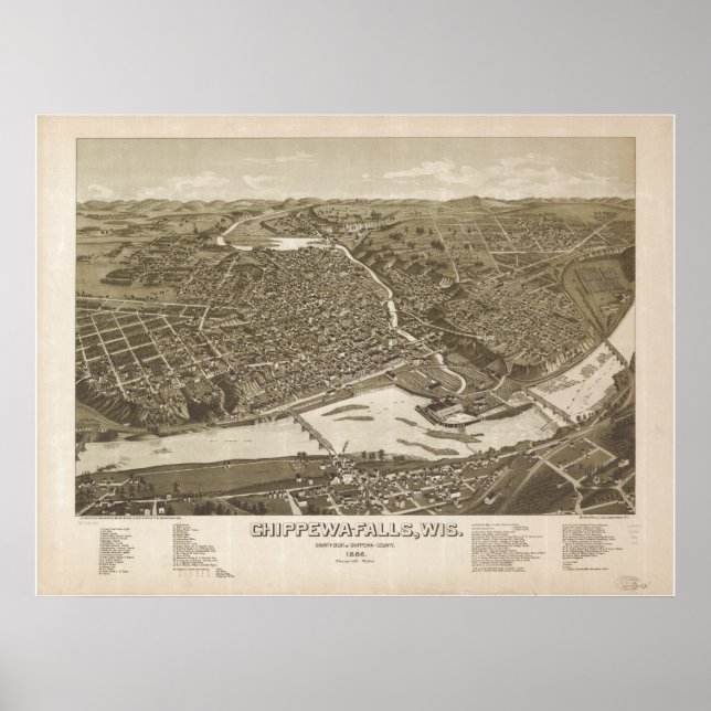 Chippewa Falls WI 1886 Antique Panoramic Map Poster (Vorne)