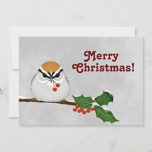 Chipping Snowy Sparrow with Holly and Berries Einladung (Vorderseite)