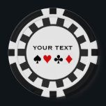Chips für personalisierte Poker<br><div class="desc">Personalisierte Poker-Chips mit schwarzen Streifen am Rand. Bild von Anzügen,  inklusive Pik,  Herz,  Klub und Diamant. Auch erhältlich mit roten Streifen und roter Kante.</div>
