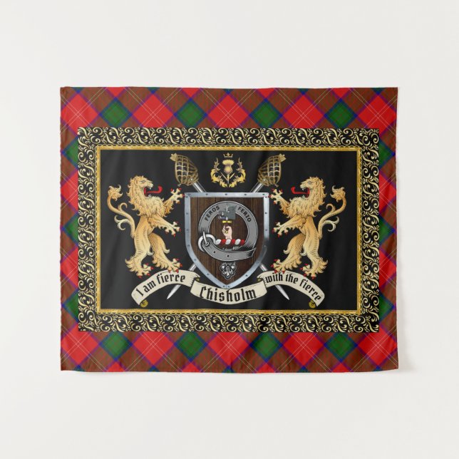 Chisholm Clan Abzeichen & Motto mit Löwen Wandteppich (Vorderseite (Horizontal))