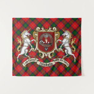 Chisholm Clan Abzeichen & Unicorns mit Tartan Wandteppich