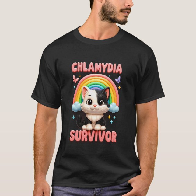 Chlamydia-Überlebender Katze Regenbogen Cringe Wei T-Shirt (Vorderseite)