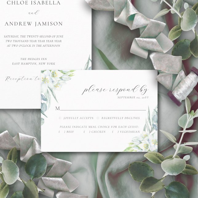 Chloe Elegant Boho Greenery Speisekarte RSVP Karte (White watercolor flowers and eucalyptus greenery RSVP card)