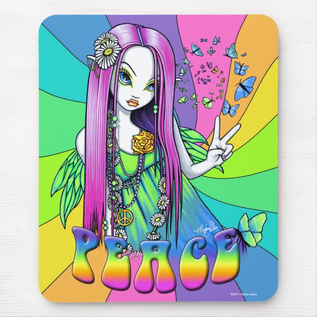 "Chloe" Regenbogen-Friedenshippie-Fee Mousepad (Vorne)