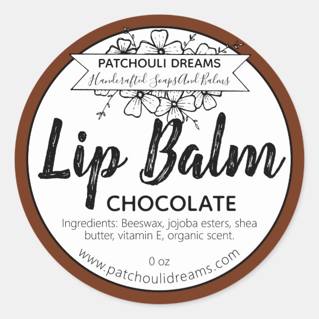 Chocolat Lip Balm Étiquette fait main (Devant)