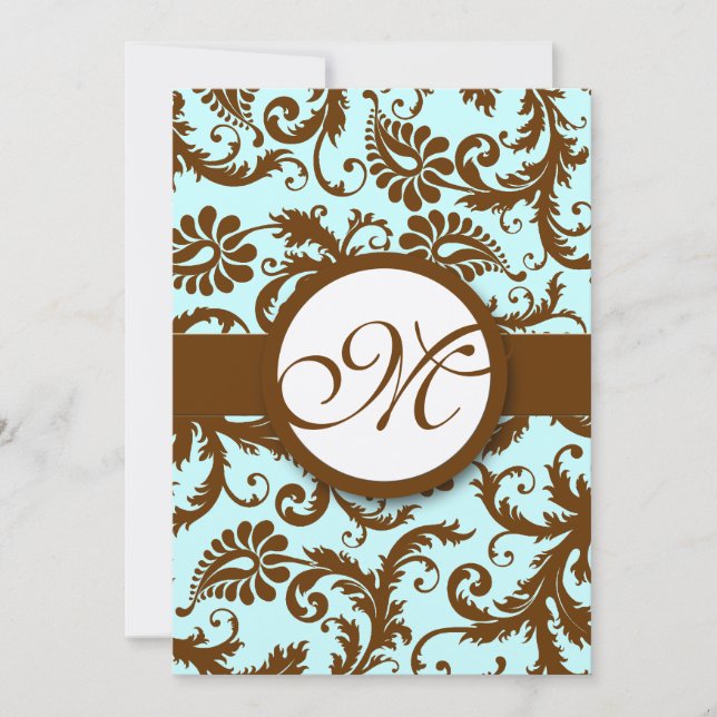 Chocolate Brown Damask Aqua Einladung (Vorderseite)