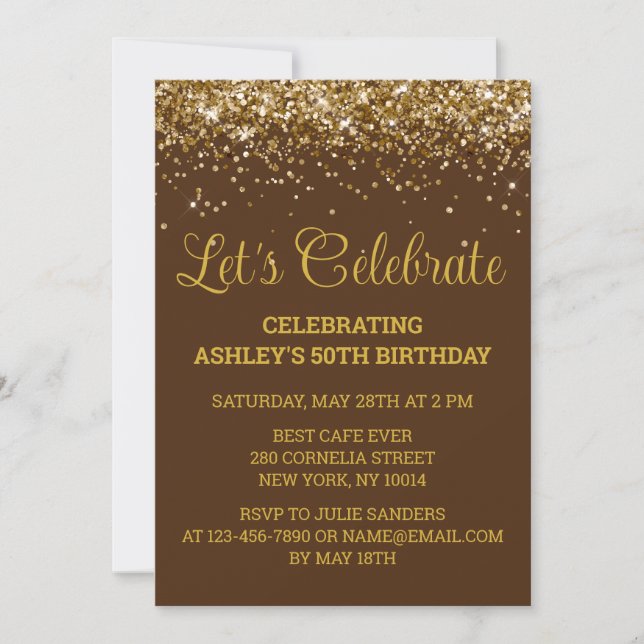 Chocolate Brown & Gold Glitter 50th Birthday Party Einladung (Vorderseite)