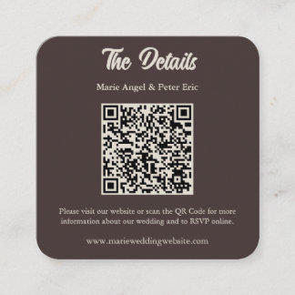 Chocolate Brown Monogram QR Code Wedding Details Quadratische Visitenkarte