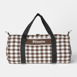 Chocolate Brown Plaid Gingham Personalized Duffle Bag