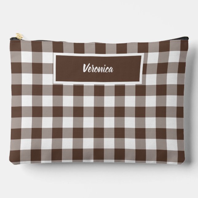 Chocolate Brown Plaid Gingham Personalized Zubehörtasche (Vorderseite)