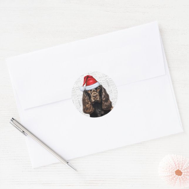 Chocolate Cocker Spaniel Dog on Woof Art Christmas Runder Aufkleber (Umschlag)