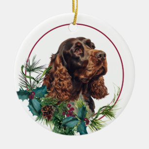 Chocolate-Cocker-Spaniel-Evergreen-Beeren-Kranz Keramik Ornament