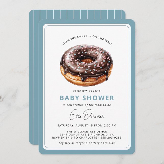 Chocolate Donut | Cute Blue Boy Baby Shower Einladung (Vorne/Hinten)