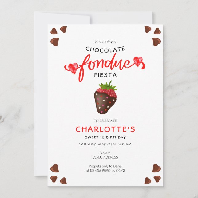 Chocolate Fondue Fiesta Strawberry Hearts Birthday Einladung (Vorderseite)