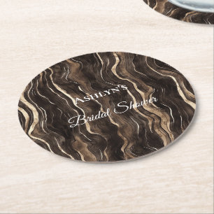 Chocolate-Gold-Swirls Florale Hochzeitsdusche Runder Pappuntersetzer